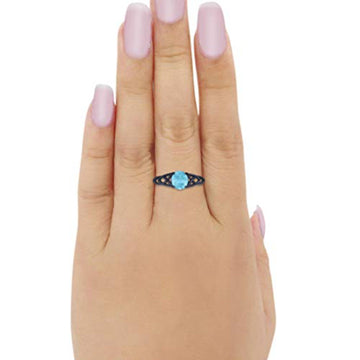 Halo Vintage Style Wedding Ring Black Tone, Simulated Larimar CZ 925 Sterling Silver